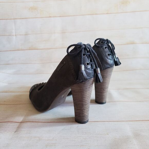 Diesel Leather Suede Round Toe Studded Tassel Heel Pumps Shoes Brown Size 39 - Picture 6 of 16